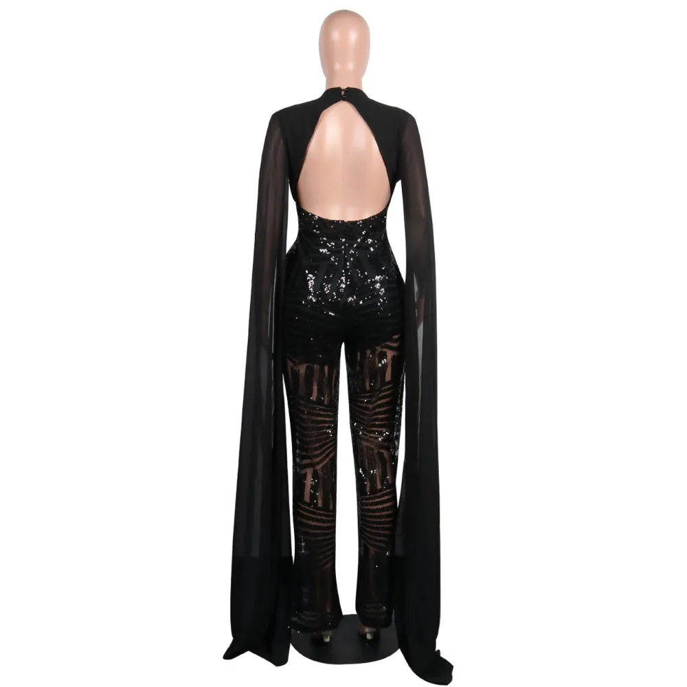 

Sequined Mesh Patchwork Jumpsuit Women Sexy Deep V Neck Backless Long Sleeve Women Jumpsuit Elegant Female Body Party Jumpsuit