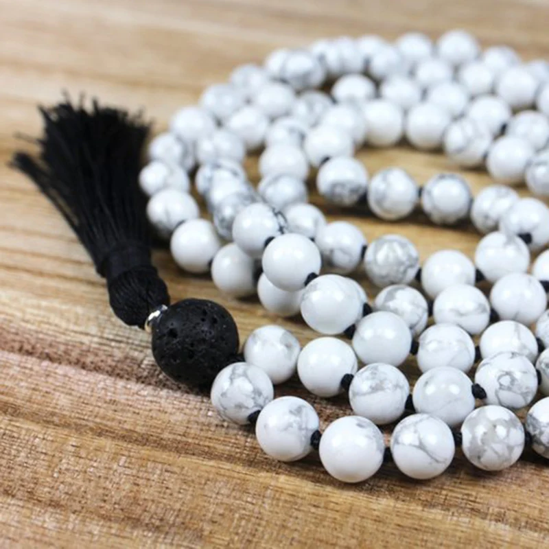 Коллекция 108 года ожерелье Howlite Mala С узлом подвеска из лавового камня бусина с