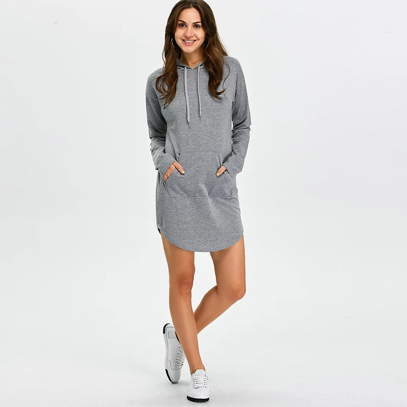 Женское платье с капюшоном VESTLINDA однотонное серое мини карманами и длинным