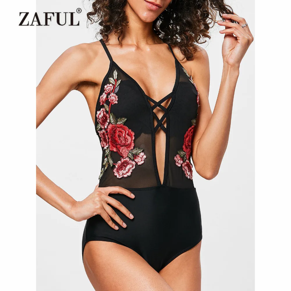 Женский слитный купальник ZAFUL сетчатый купальный костюм с вышивкой и высокой