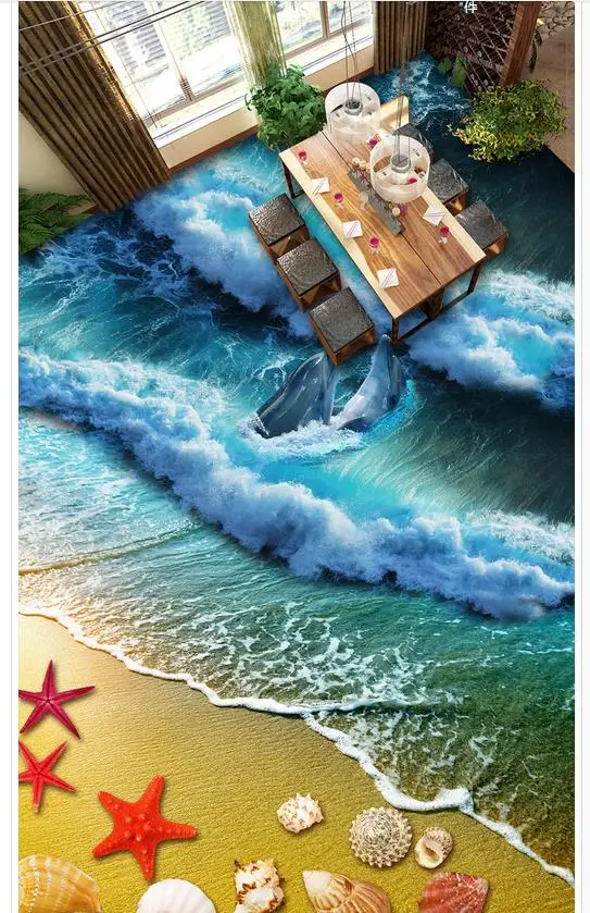 3d пол живопись обои пляж песок Морская звезда ракушки дельфины 3D Пол Живопись ПВХ