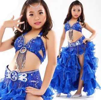 Dark Blue 3 pcs DJGRSTER,, детские костюмы для танца живота, 2-3 предмета(бюстгальтер+ юбка+ цепочка на талии), цыганский костюм, Danca Do Ventre Vestido Indiano, 8 цветов - Цвет: Dark Blue 3 pcs