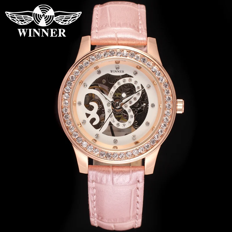 Женские Механические наручные часы WINNER розовые перфорированные с резными