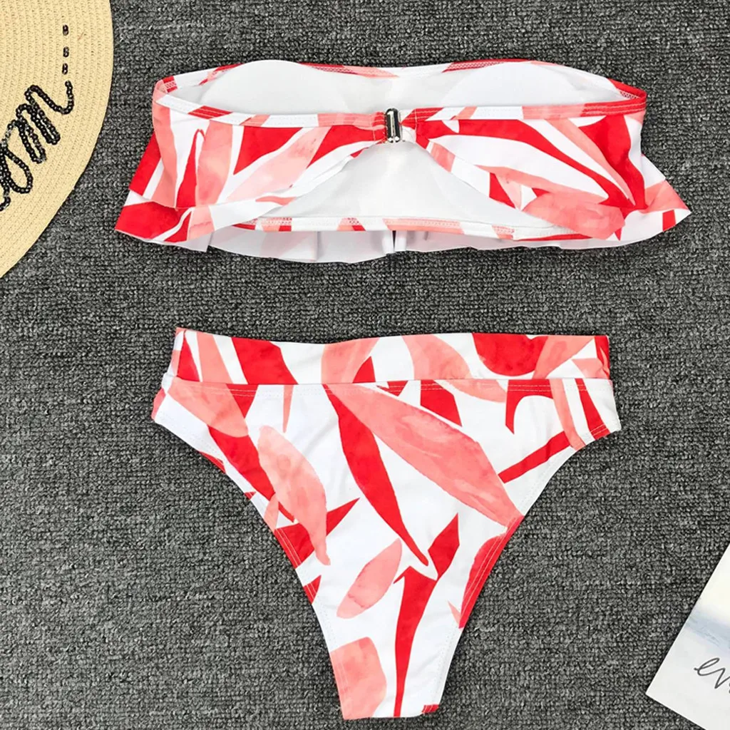 SAGACE двухсекционный костюм гофрированный купальник с принтом одним плечом