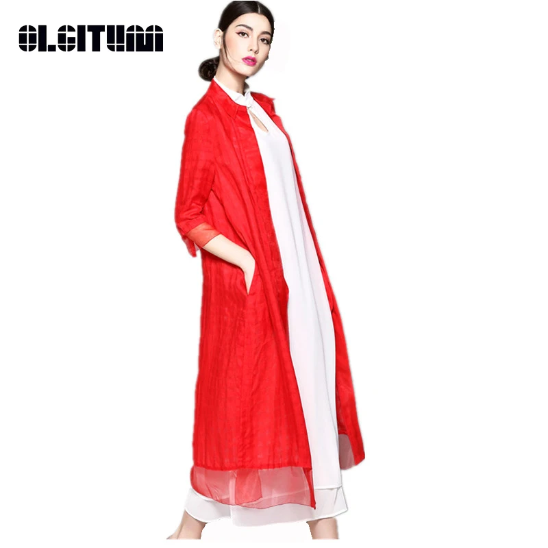 OLGITUM осенне-весенний женский новый модный красный Тренч из хлопка и льна