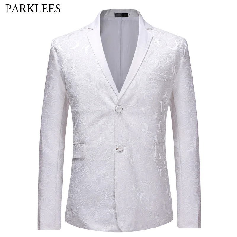 

White Jacquard Floral Blazer Men 2019 Brand New Mens Two Button Blazer Jacket Party Wedding Stage Singer Costume Blazer Hombre