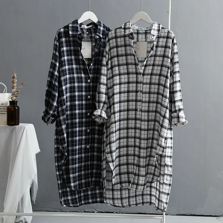 Женская свободная рубашка с длинным рукавом Повседневная в клетку разрезом