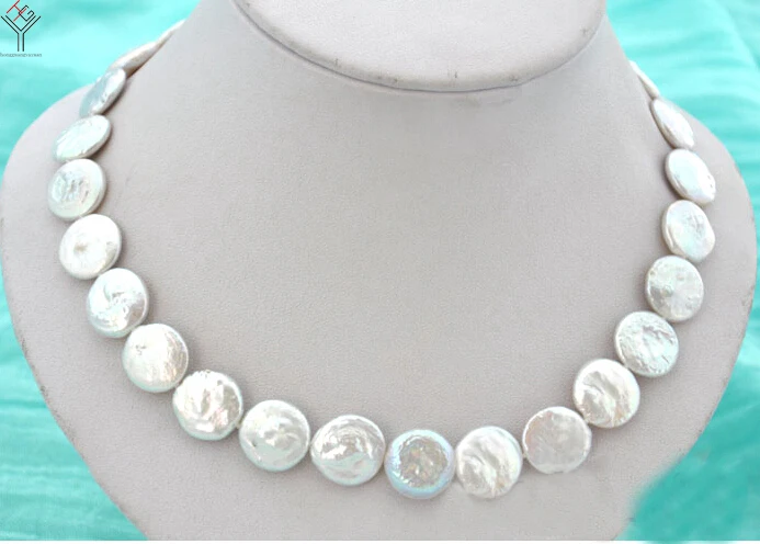 

43cm 17'' Women Jewelry 12mm pearl necklace white round slice coin pearl handmade real natural freshwater pearl gift