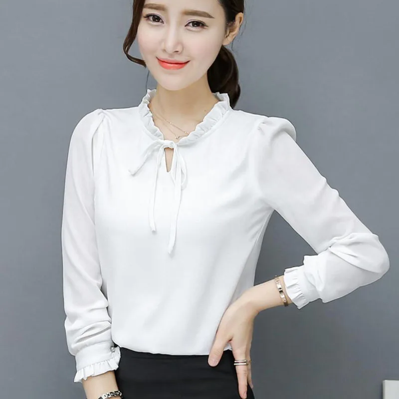 Шифоновые блузки с воротником стойкой женские летние рубашки 2018 популярные