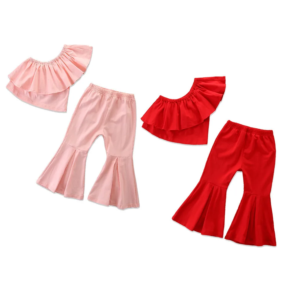 Лето 2019 Детский комплект: Розовая/красная блузка + штаны с вырезами хлопковый топ