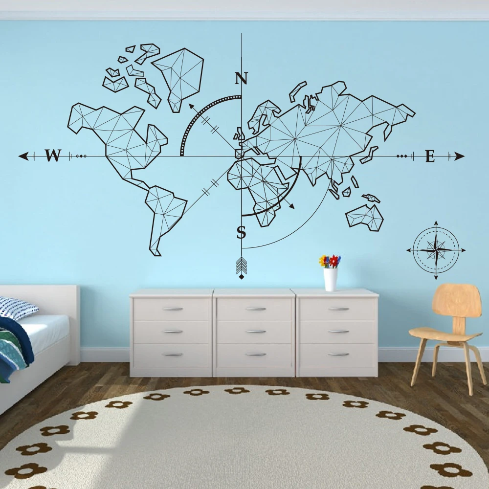 

Large World Map Compass Earth Wall Sticker Office Classroom World Map Travel Global Exploration Adventure Wall Decal Vinyl Decor