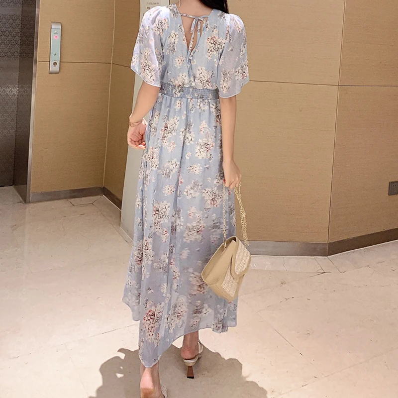 Женское винтажное платье с принтом короткое до щиколотки рукавом летучая мышь и