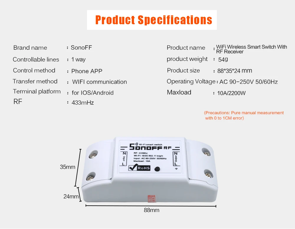 SONOFF RF беспроводной Wi-Fi переключатель Автоматизация релейный модуль Таймер 433 МГц 220 В 10 А для смартфонов дистанционное управление IOS Android