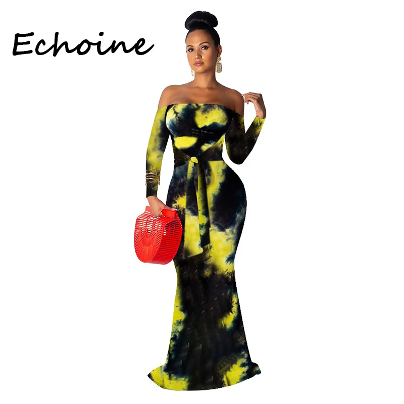 Echoine, платье с открытыми плечами, с принтом Tie Dye, облегающее длинное платье, с завязками спереди, с длинным рукавом, женское летнее пляжное платье, Vestido