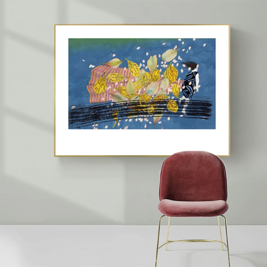 Бегущей девушки Листопад Винтаж абстрактные картины на холсте с деревянным