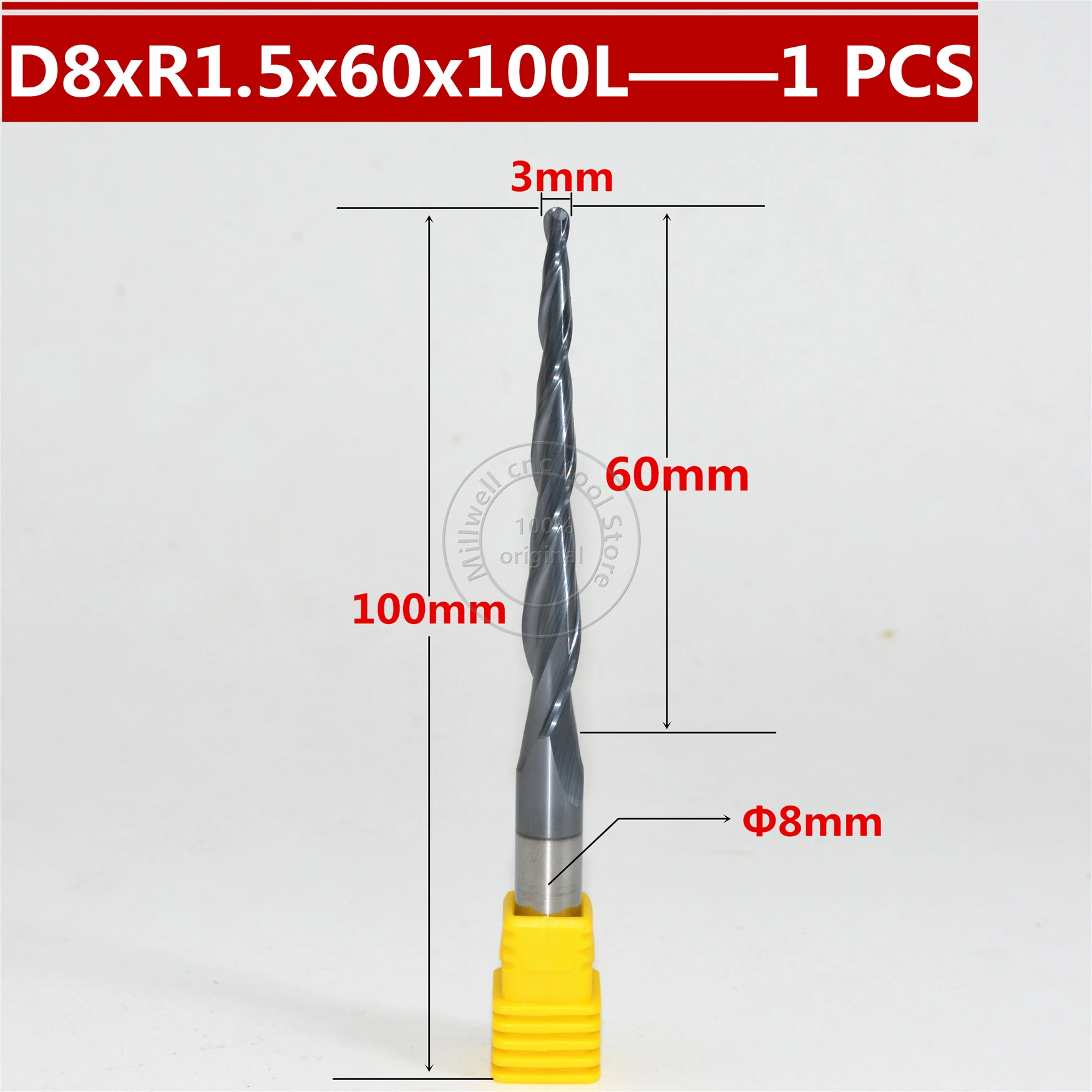 Бесплатная идентификация R1.5 * D8 60 100L 2F HRC55 вольфрамовое твердое Карбидное