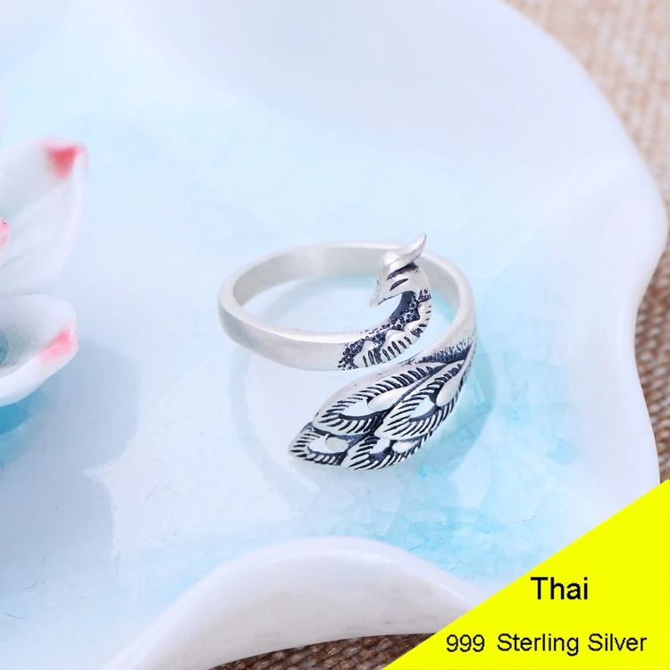 999 Sterling Silver Scrub Peacock Open Ring &amp Bracelet Men Retro Thai Jewelry Gift Finger Bangle CH056016 | Украшения и