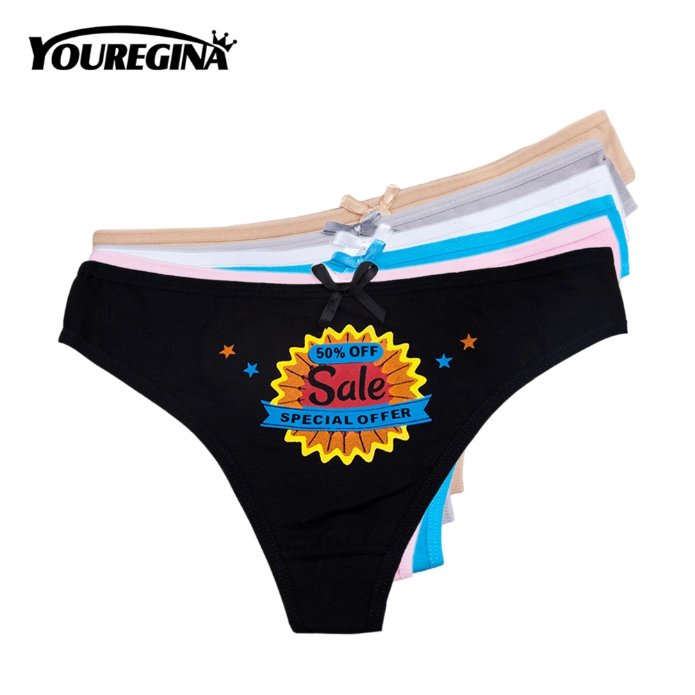 

YOUREGINA Women Sexy Cotton G-string Bikini Thongs Underwear Panties Print Comfortable Bow Solid 6pcs/lot Lingerie Intimates