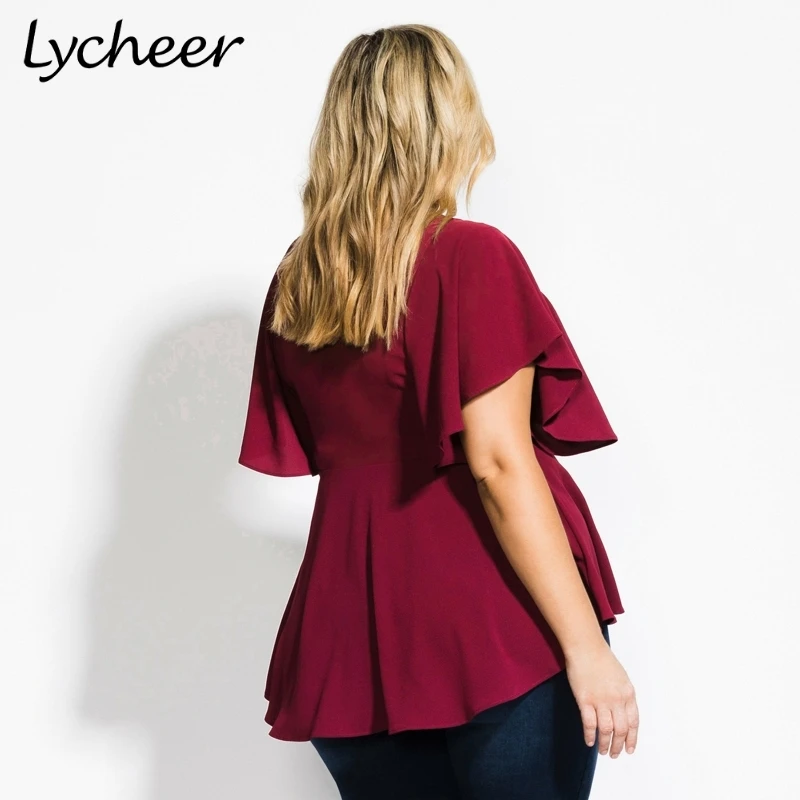 Женская блузка с баской Lycheer элегантная однотонная оборками и коротким рукавом