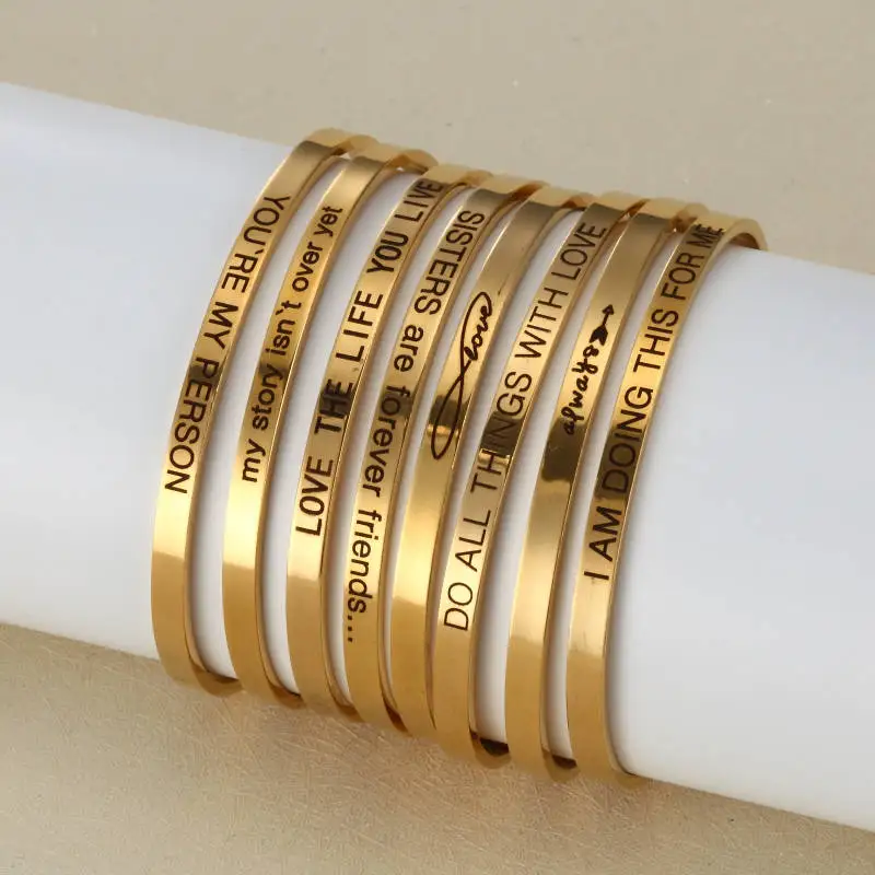 

New Set Stainless Steel Engraved Positive Inspirational Quote Cuff Mantra Bracelets Bangles For Women Best Gifts