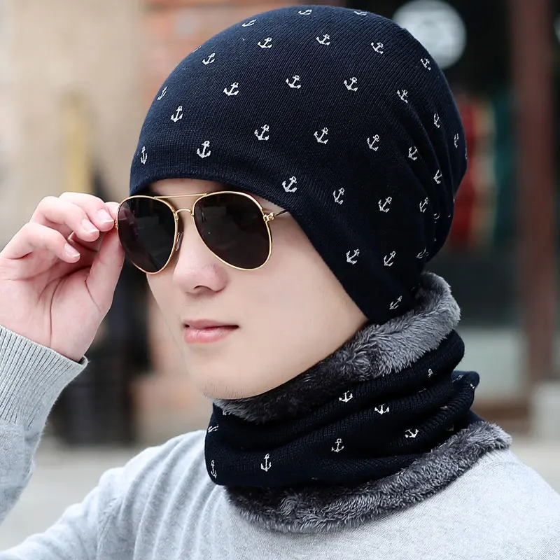 Зимняя шапка Мужская Skullies Beanies для женщин шапочки с шарфами Балаклава маска Gorras Толстая Теплая Шапка мягкая повседневная плюс бархатная вязаная шапка - Цвет: navy