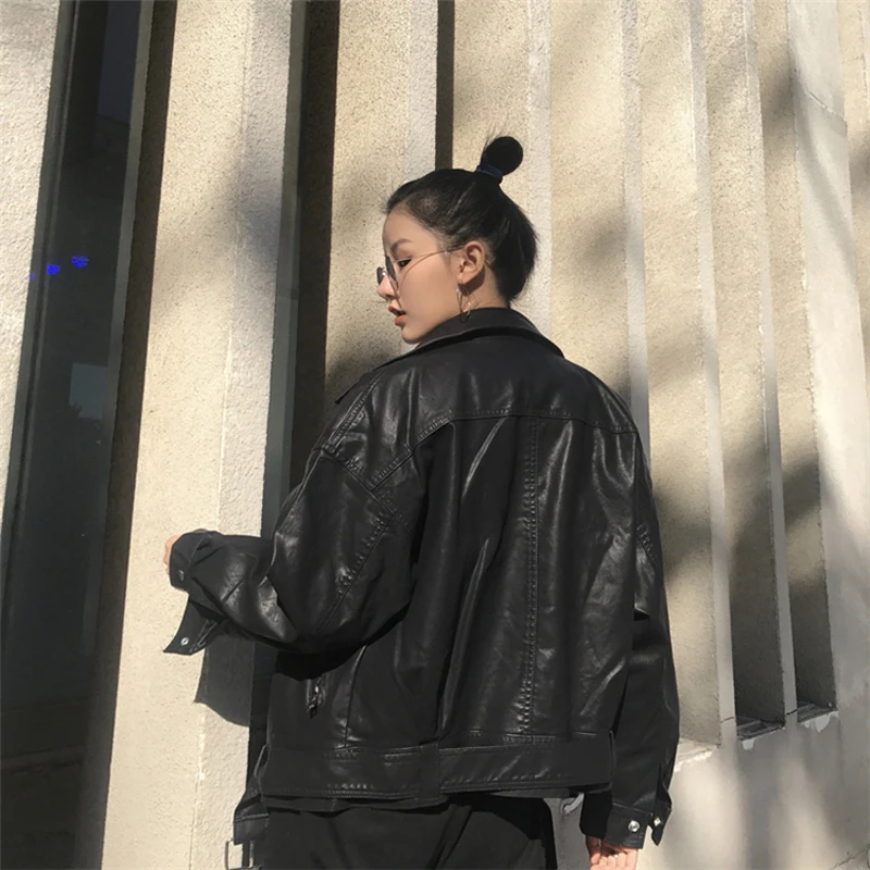 QoerliN Повседневное искусственной кожи Куртка Для женщин Harajuku осень-зима молнии