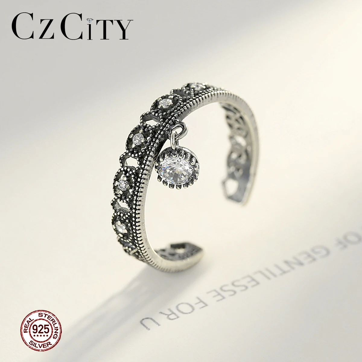 CZCITY Винтаж одноцветное тайский серебряный открыть кольца для Для женщин 925 пробы