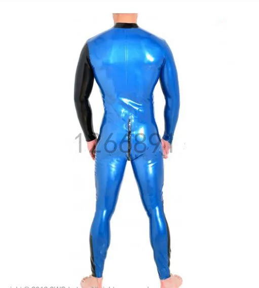Online Latex Catsuit Gummi Körper Anzug Mit Vorne Zu Gabelung Zip Langen ärmeln Perle Blau Mit Schwarz Farbe Zentai Overall Insgesamt