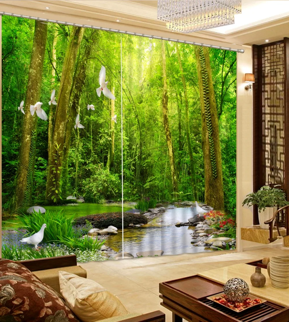 

3D Curtain Fashion Customized Curtain Green Woods Creek White Dove Curtains For Bedroom Blackout Shade Window Curtains