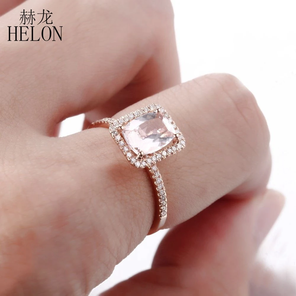 Helon SOLID 14 К розовое золото 8x6 мм Подушки с 1.12ct Morganite Pave 0.2ct Природные Алмазы изящных драгоценных камней кольцо для Для женщин ювелирные изделия