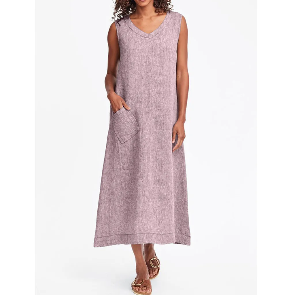 Летнее платье женское однотонное в стиле бохо без рукавов с карманами и v