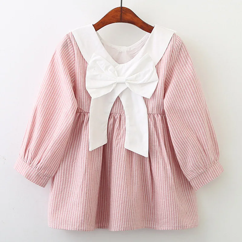 cute doll collar striped 3-10 yrs baby girls long sleeve dress 2019 summer spring big bow blue pink little girl princess costume | Детская