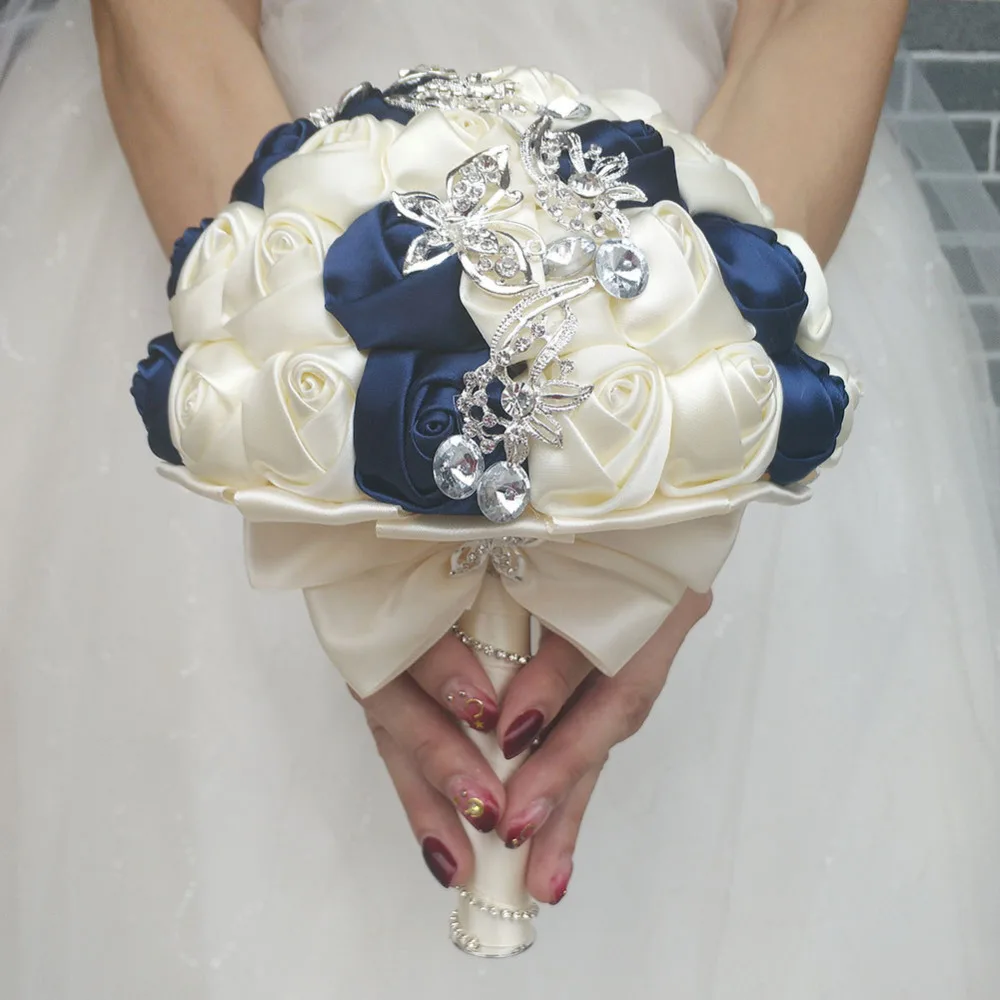

Handmade Diameter 18CM Wedding Bouquet Bridal Bridesmaid Bouquets Navy Blue Ivory Satin Rose Flower Bride Hand Holding Flower