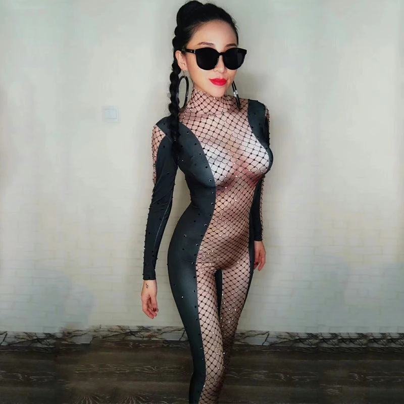 Черный сетчатый боди Zentai сексуальные джазовые танцевальные костюмы женский