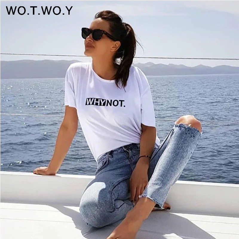 WOTWOY забавная футболка с буквами Женская хлопковая летняя футболка с принтом повседневные топы футболки женские с коротким рукавом женские белые черные красные футболки