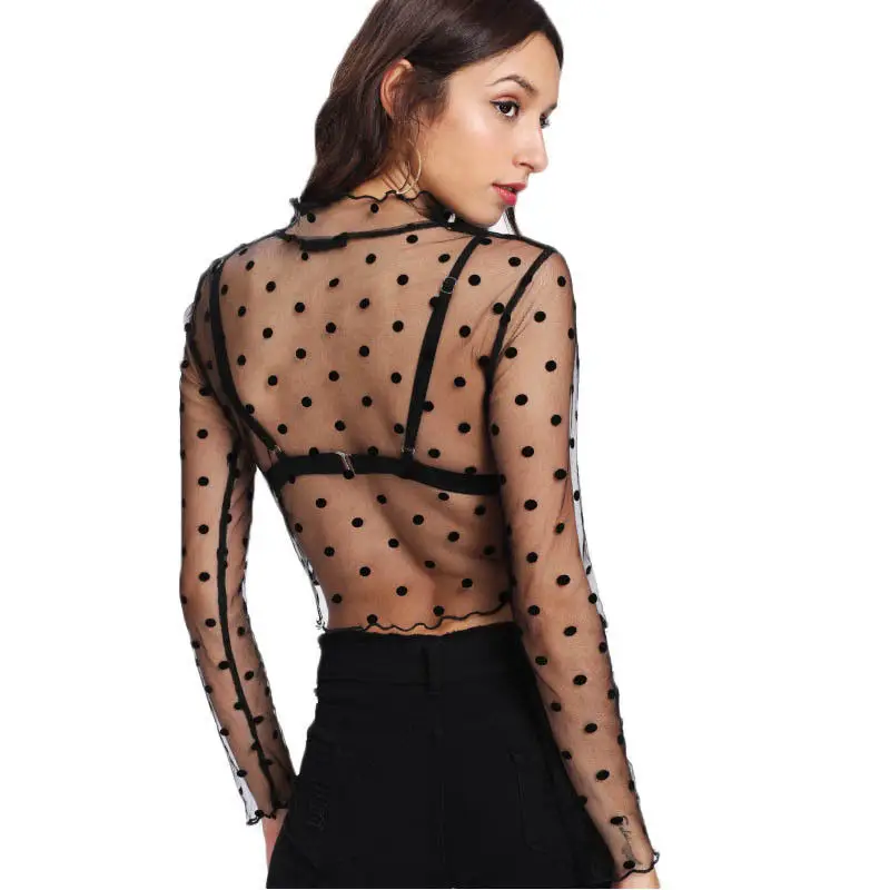 Женский сетчатый топ в горошек Черный Кружевной укороченный Прозрачный Топ с