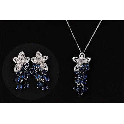 Blue Sapphire Белый Золотой Цвет кубический циркониевый цветок кисточка-чокер кулон ювелирные изделия серьги ожерелье набор корейских ювелирных изделий - Окраска металла: Blue Sapphire