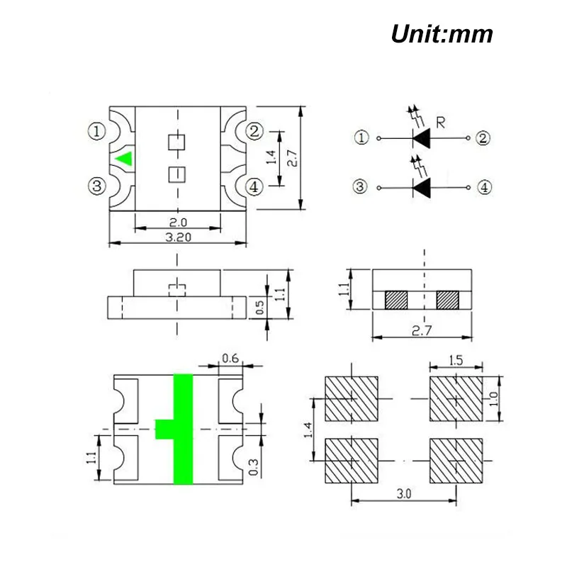 100 шт. SMD 1206(3227) светодиодный двухцветный светодиодный светильник с зелеными и красными бусинами, 2 в, Диодная лампа SMT поверхностного монтажа, устройство для PCB