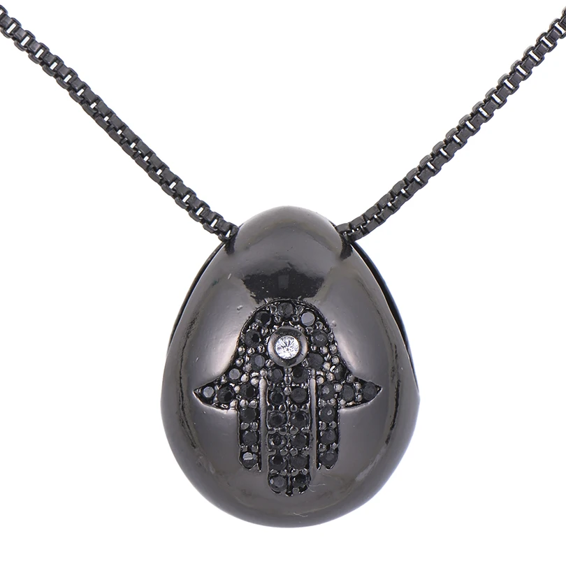 Pipitree Black CZ Zircon Hamsa Hand Pendant Necklace Women Men's Fashion Egg Water Drop Shape Statement Necklaces Jewelry Collar |