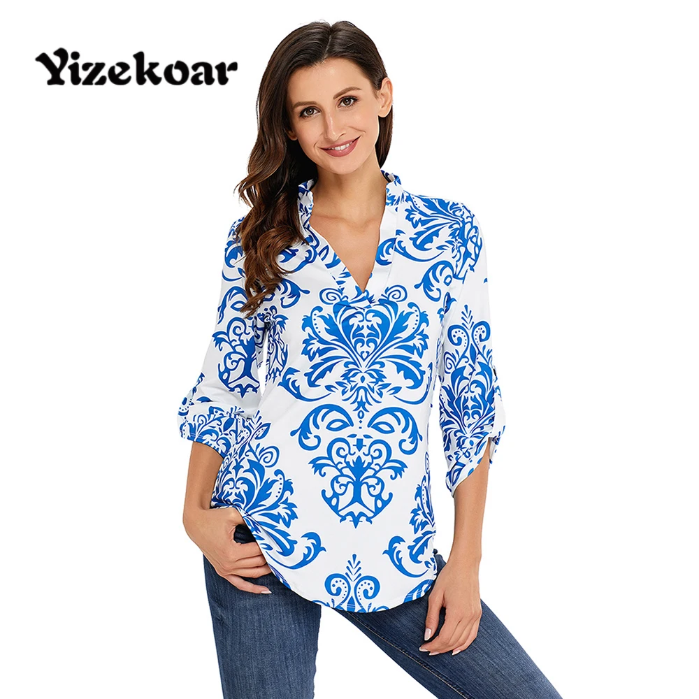 Yizekoar Damask Print Blouse Shirts Women Floral Blusas 2018 Autumn Casual Top Spring Lady Big Size Roll Up 3/4 Sleeve Blouses |