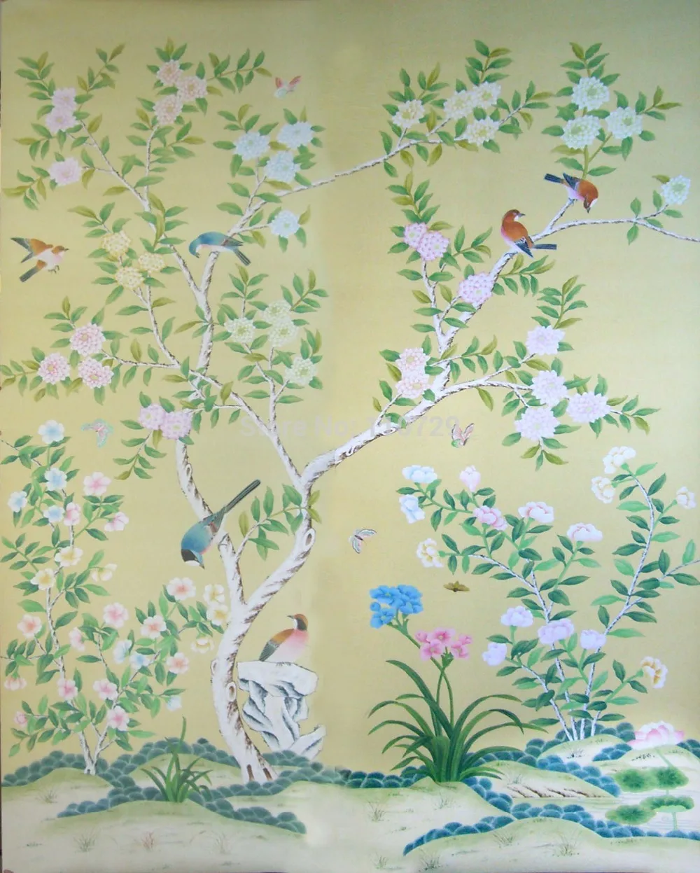 Buy 14 3 00 手描きのシルクの壁紙絵画花で鳥 フェンス手描きテレビ 寝室 リビングルーム ダイニング ソファ壁装紙