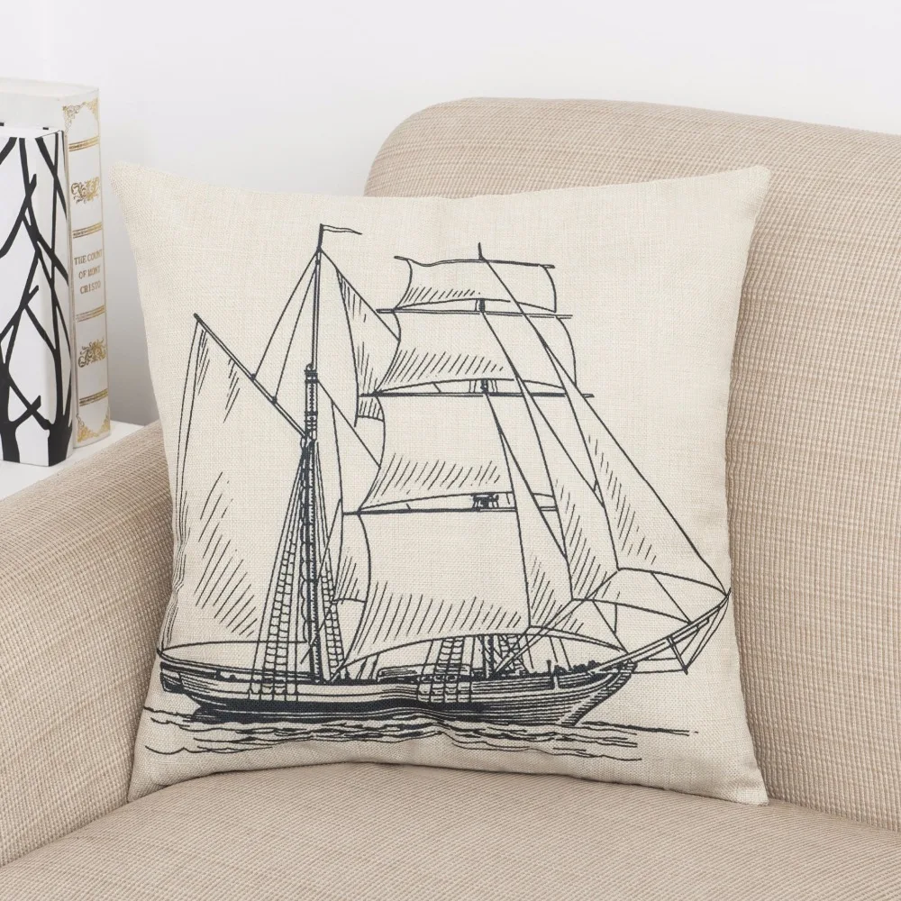 Наволочка для подушки в синюю полоску с рисунком якоря морской корабля