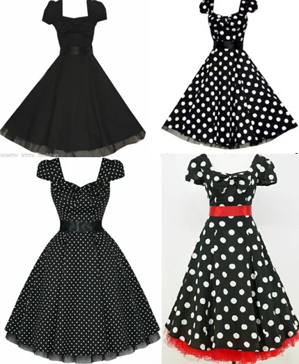 Бесплатная версия 4 стиля женское черное платье в горошек с пышными рукавами