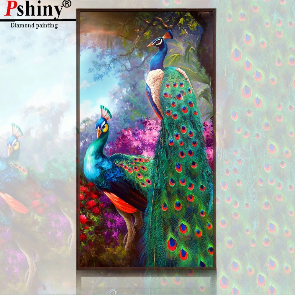 PSHINY DIY Алмазная вышивка продажа яркие цветные картины с изображением павлина из