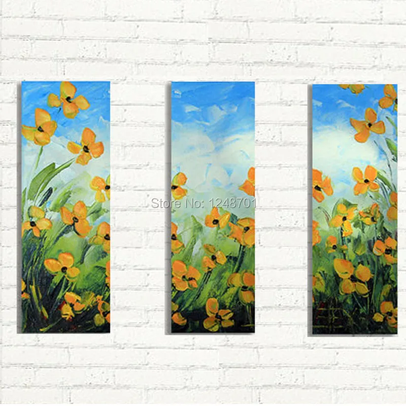 Ручная роспись на стену желтая картина маслом мака Триптих 3 текстурированные