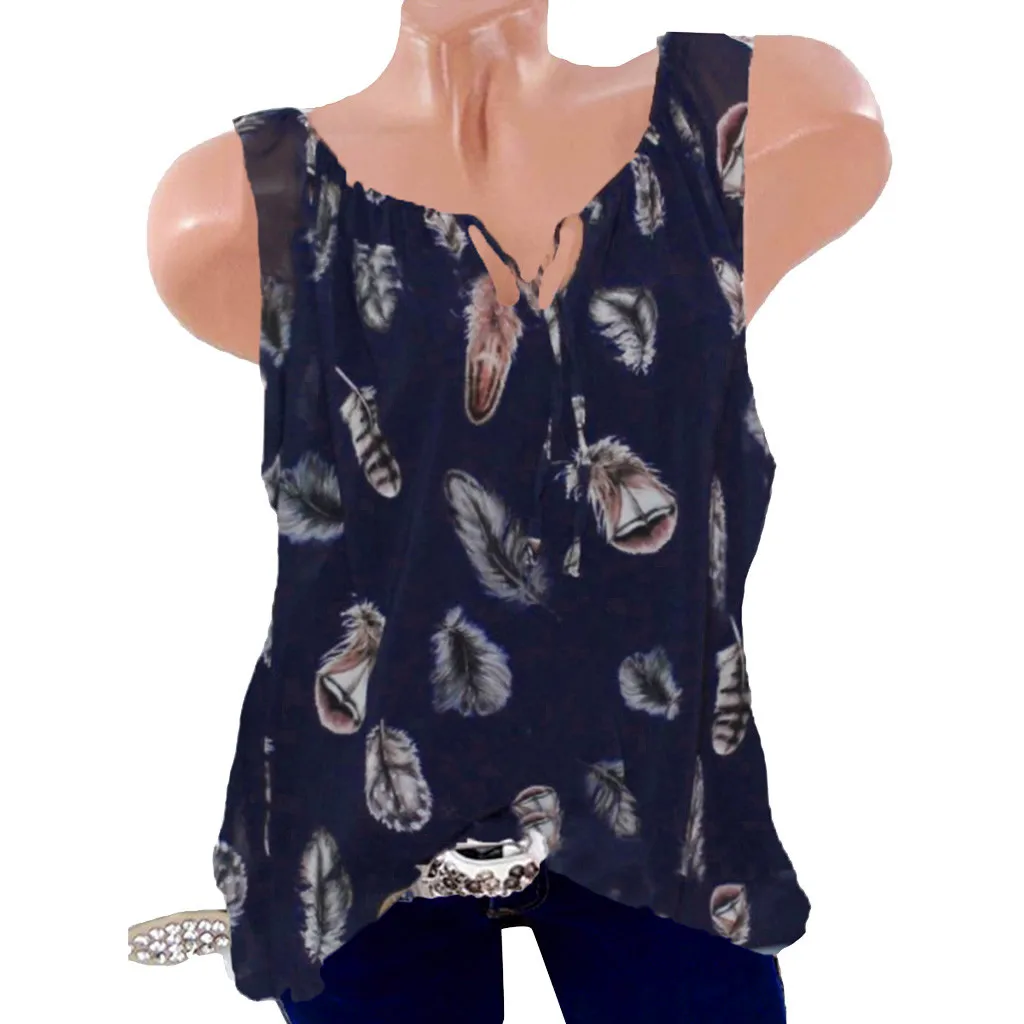 Футболка женская летняя без рукавов с V-образным вырезом и принтом в виде перьев |