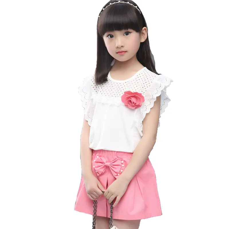 Kids girls short-sleeved suit 2020 new summer children's cotton casual T-shirt big virgin piece shorts girls clothes 3-12 years