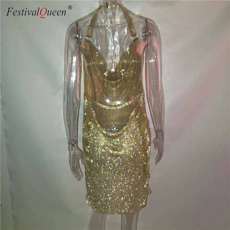 FestivalQueen, блестящие стразы, открытая спина, мини платье для женщин,, сексуальный глубокий v-образный вырез, для пляжа, ночного клуба, вечерние, Клубные, шикарные платья