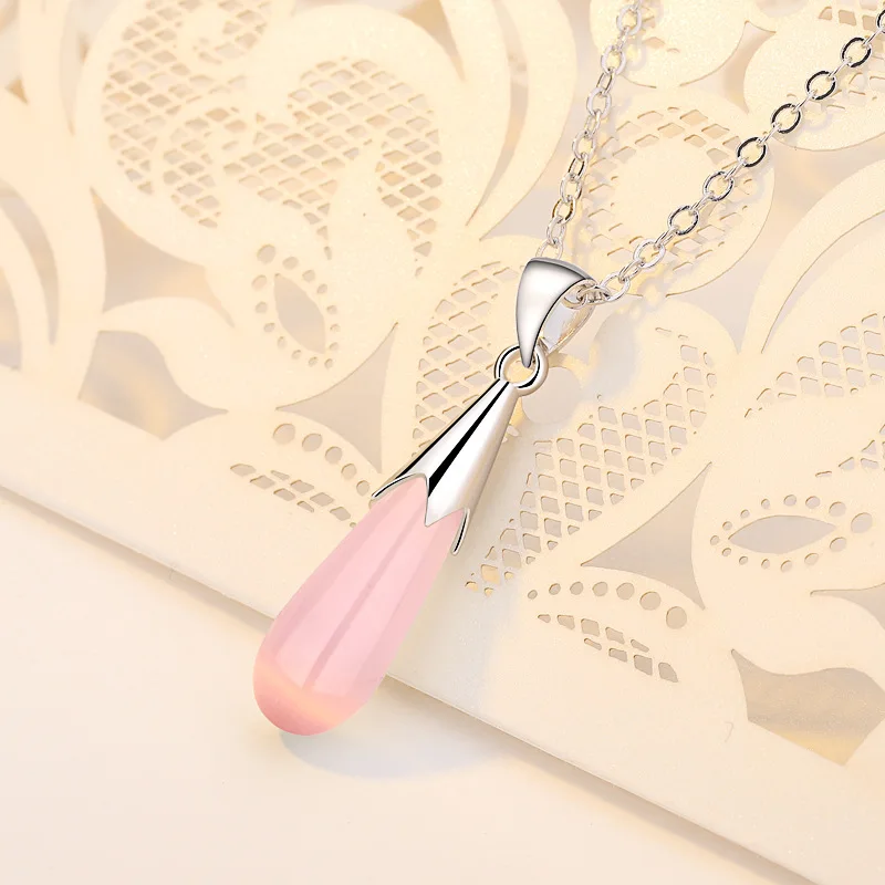 Solid 925 Sterling Silver Tone Teardrop Necklace Natural Pink Crystal Moonstone Neclaces for Women Colar Feminino Cruz SN005 | Украшения и