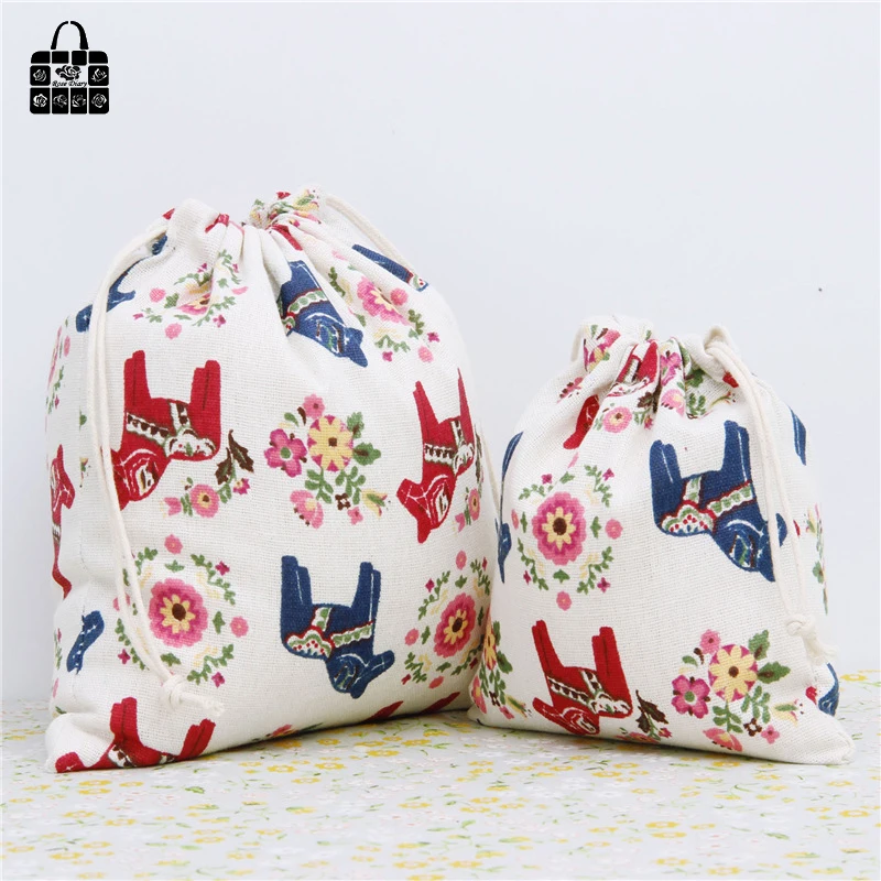1x Cute horse design cotton linen fabric dust bag travel clothes Storage portable organizer home Sundry kids toy storage | Дом и сад
